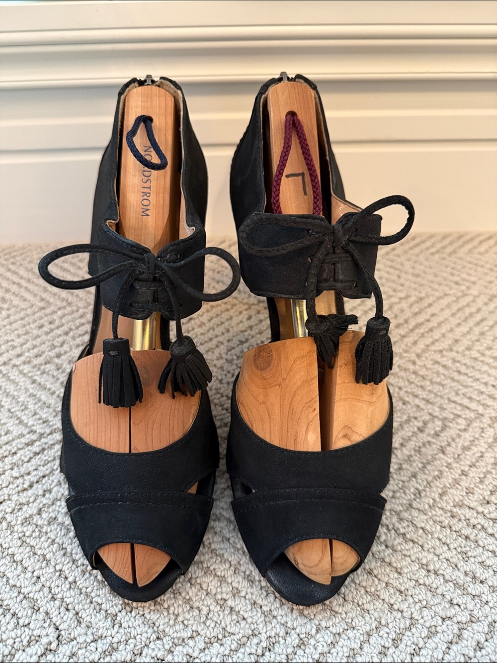 Talbots Black Suede Peep-Toe Tassel Tie Heels